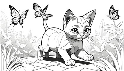 Adorable Illustrated Kitten Playing with Butterflies