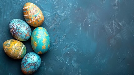 easter composition, group of painted eggs on a blue surface with top view, AI