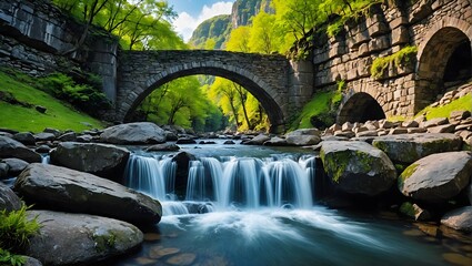 serene image captures picturesque waterfall flowing amidst rock terrain. An old stone bridge,...