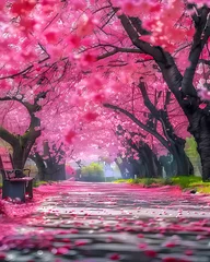 Fototapeten Tranquil Nature Scene: Pink Cherry Blossom Wonderland with Serene Bench, Spring Flowers, and Pink Hues © netsign