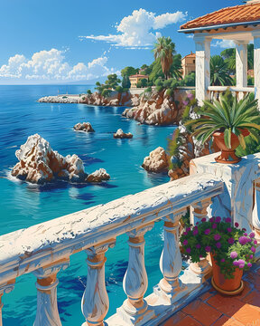 Colorful Painting Depicting Vibrant Balcony Overlooking Ocean in Monaco Europe