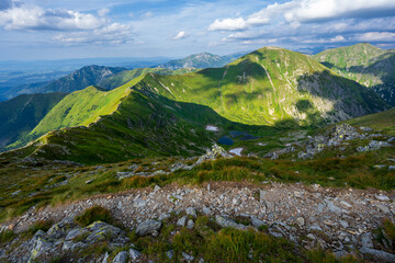 Summer mountain panorama. West Tatra Mountains, Poland and Slovakia. Blue sky.