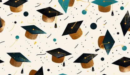 gold, black and turquoise graduation caps with glitter on the edges floating in midair over an ivory background This would make a beautiful graduation card Generative AI