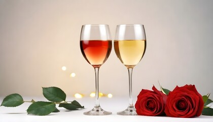 glasses wine, bloomed red rose golden ribbon, romantic theme celebrations of love