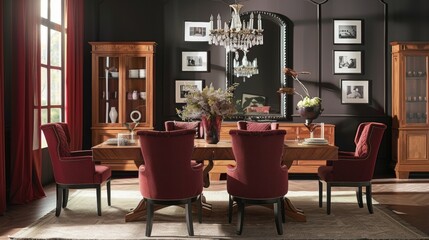 A dining room with a stunning cork table as the centerpiece surrounded by elegant highback chairs upholstered in a rich burgundy fabric. The walls are adorned with vintage black and .