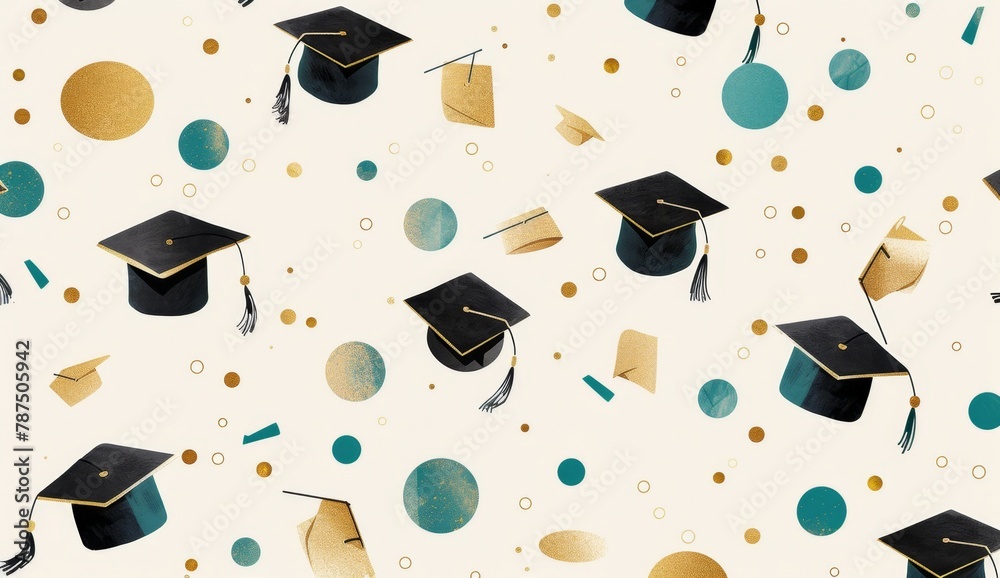 Wall mural A white background with gold and black graduation caps, scattered across the canvas in random positions This scene encapsulates a joyous academic celebration Generative AI - Wall murals
