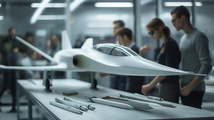 Designers testing a scale model of the aircraft in a wind tunnel for aerodynamic analysis....