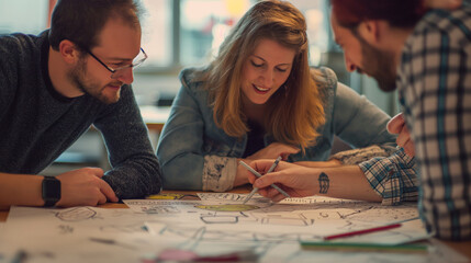 Creative team members sketching concepts and iterating on design ideas. Happiness, love, team, knowledge, desire to live