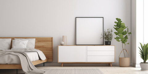 Empty frame on wooden table with flowers on white wall.