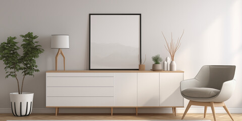 Vertical wood frame mockup in living room interior with window light shadow. 3d rendering, 3d illustration
