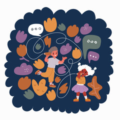 Cartoon vector illustration of little girl and boy playing with a handmade toy phone with a paper cup and thread. Children look into holes in torn yellow paper wall. Communication technology, informat