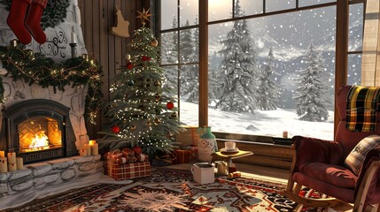 A cozy living room with a fireplace, Christmas tree, and snow-covered landscape outside the window.