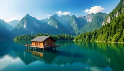 serene landscape with wood cabin on pristine lake, surrounded by towering mountains and lush greenery. The cabin should be built on stilts over crystal clear lake