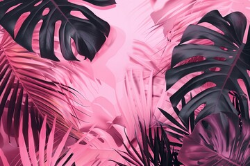 Pink summer tropical background vector. Palm leaves, monstera leaf, Botanical background design for wall framed prints, wall art, invitation, canvas prints, poster, home decor, cover, wallpaper.