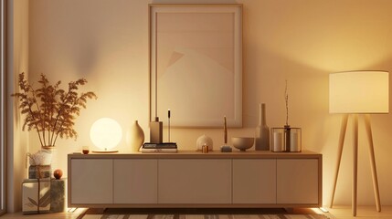 A chic and cozy living room featuring a mock-up poster frame above a Scandinavian-style sideboard, adorned with minimalist decor items.
