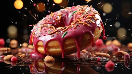 Delectable Sprinkled Doughnut with Icing and Chocolate on Dark Background
