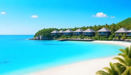  Tropical minimalistic mockup. Luxury panoramic view at exotic resort on turquoise seascape...