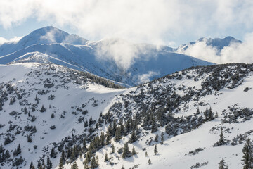 Fototapeta na wymiar Winter mountain panorama in sunny day, Tatra Mountains