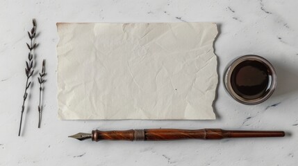 Blank mockup of a wooden dip pen with interchangeable nibs and a calligraphy ink bottle. . - obrazy, fototapety, plakaty