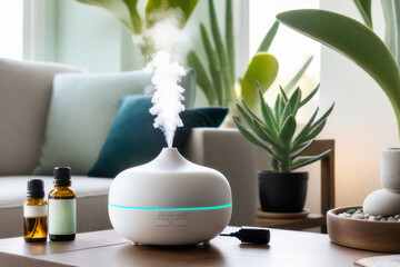 Tranquil Home Vibes. Aroma Oil Diffuser Emitting Rising Steam in Cozy Living Room