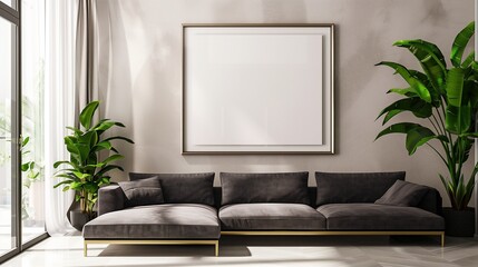 A luxurious and spacious living room bathed in natural light, showcasing a sleek, minimalistic mock-up