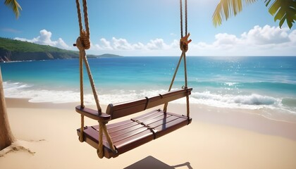  Close-up of swing on exotic tropical beach with view on ocean and coastline. Vacation concept,...