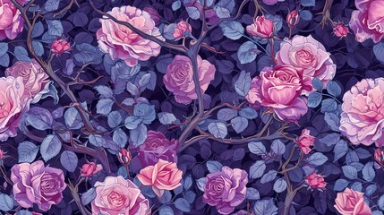 A seamless pattern of pink roses and blue leaves on a dark background. The roses are in various stages of bloom, from buds to full-blown flowers.