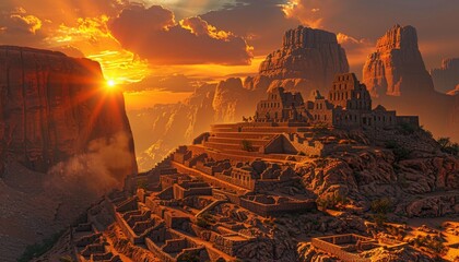 A Majestic Sunset Behind The Ruins of Machu Picchu in Monument Valley