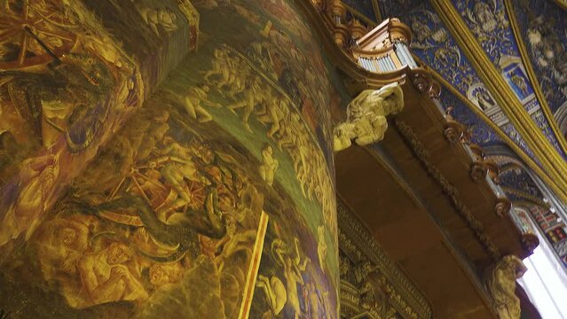 ALBI, FRANCE - MARCH 17 2018: interior of Cathedral of Albi. Cathedral Basilica of Saint Ceciliai, France and is seat of Catholic Archbishop of Albi. Fresco of Last Judgement of Flemish painters.