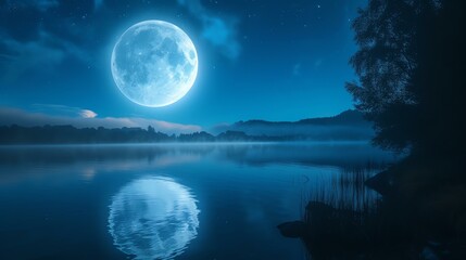 The full moon rises over a calm lake, casting a silvery glow on the water. The sky is dark and clear, with a few stars visible.