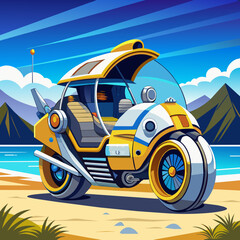 Futuristic vehicle on a beach with mountainous landscape in the background, vector illustration. Adventure and exploration concept for poster, game design, and children's book.