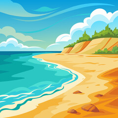 Fototapeta na wymiar Tropical beach vector illustration with clear blue water, sandy shore, cliffs, and lush greenery. Summer vacation and travel concept. Design for poster, travel agency advertisement.