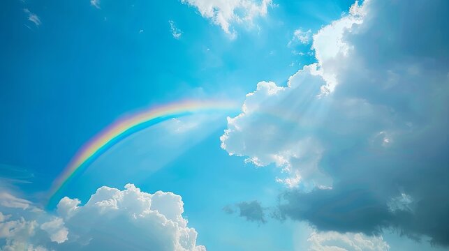 Rainbow appearing in the midst of clouds against a blue sky after light rain