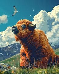 Stunning Art Painting: Mongolian Buffalo in Serene Grassland, East Asia