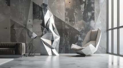In this image a sleek and modern room is accented with a large avantgarde sculpture made of abstract shapes. The sculpture stands tall and angular almost resembling a futuristic cityscape. .