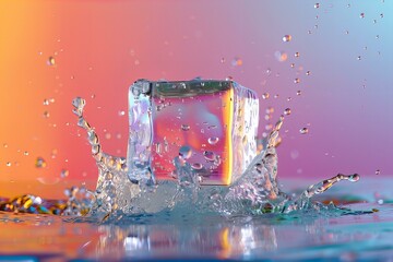 Vibrant summer background. Cube of ice on vibrant background.
