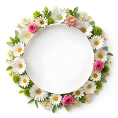 circle empty frame with flowers around. mockup