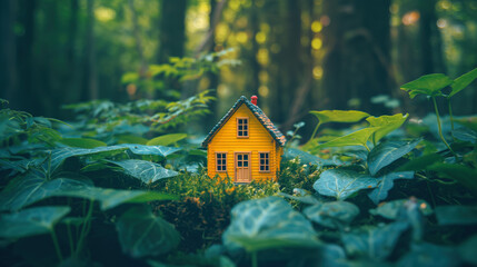 miniature yellow rural house in the forest surrounded by green leaves. Cozy serene and private home concept. representing home insurance and real estate 