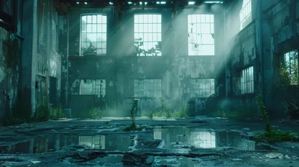  Blank mockup of a sinister abandoned factory with broken windows and eerie sounds coming from within. . © Justlight