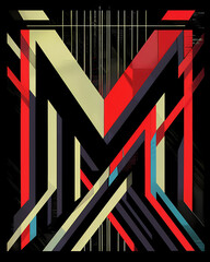 Animated VHS-Inspired Puzzle-Like M Artwork in Stencil Style Featuring Dynamic Lettering and Vibrant Colors on Black Background