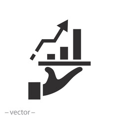 man holding success graph icon, statistic of growth, stock chart, flat symbol on white background -  vector illustration