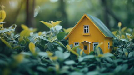  A yellow house in the middle of green plants, with a forest background, private home concept. representing home insurance and real estate 