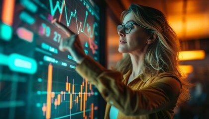 Analytical Businesswoman Examining Digital Financial Charts