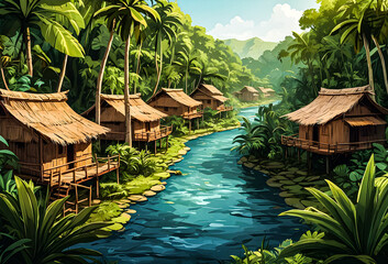 A Tribal village Jungle river winding its way through dense vegetation vector art illustration image.

