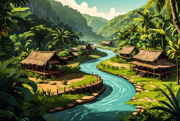 A Tribal village Jungle river winding its way through dense vegetation vector art illustration image.

