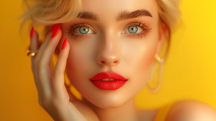 A woman with long blonde hair and blue eyes is wearing red lipstick and has her hands on her face. Beautiful girl model with short hair and red lips. Red manicure on nails. Beauty and aesthetic care.