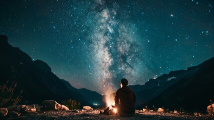 A wanderlust traveler gazes up at the Milky Way from the comfort of their campfire feeling awed by the vastness of the universe. 2d flat cartoon. - obrazy, fototapety, plakaty