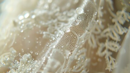 On her shoulder the droplets create a delicate pattern like a lace veil. .
