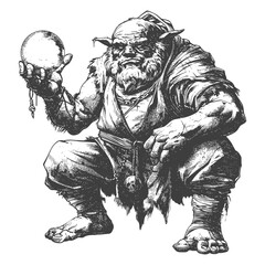 ogre mage or necromancer with magical orb images using Old engraving style - obrazy, fototapety, plakaty