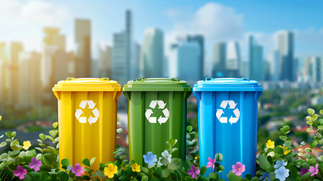recycling bins are shown in a city setting. The bins are placed on a sidewalk, and the cityscape in the background suggests a busy urban. Environmental awareness, recycling, waste management concept